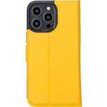 Sarac Store Apple iPhone 16 Pro Max Uyumlu, Hakiki Deri, El Yapımı, Cüzdanlı Kılıf, Sarı