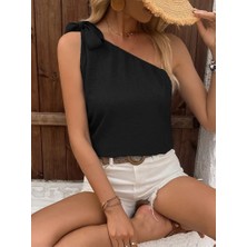 Kadın Tek Omuzdan Askılı Bağcıklı Keten Bluz