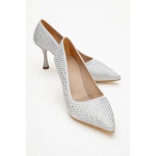 Taşlı Sivri Burunlu Stiletto Kadın Topuklu Ayakkabı Gümüş Saten