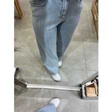 Şerit Taşlı Bol Paça Pantolon Mavi 8000