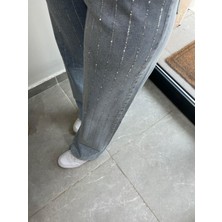 Şerit Taşlı Bol Paça Pantolon Mavi 8000