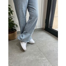 Şerit Taşlı Bol Paça Pantolon Mavi 8000