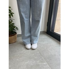 Şerit Taşlı Bol Paça Pantolon Mavi 8000