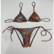 Kadın Kahverengi Etnik Desen Boyundan Ip Bağlamalı Üçgen Bikini Takımı HZL25S-LC5005