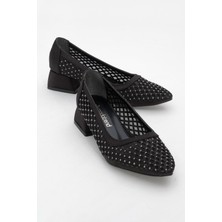 Kadın Taşlı Fileli Topuklu Ayakkab Siyah Saten