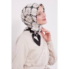 Lêvi D'or Siyah - Bej Papatya Desen Twill İpek Eşarp