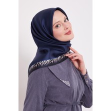 Lacivert Kenar Leopar Desen Twill Ipek Eşarp