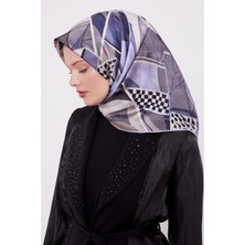 Mavi Dama Desen Twill Ipek Eşarp