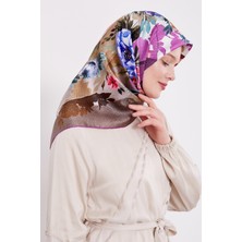 Mor Çiçek Desen Twill Ipek Eşarp