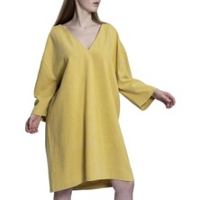 Taş Baskı Püsküllü Elbise Sarı