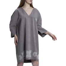 Taş Baskı Elbise Koyu Gri