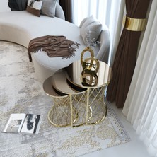 Hasır 3lü Zigon Sehpa Gold Renk Metal Ayak, Bronz Ayna