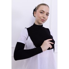Boyunluk ve Kolluk Seti Siyah - Balıkçı Yakalı Kadın Tesettür Penye Yarım Body Namaz Kolluğu Hijab