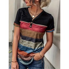 Munn Collection Kadın Kısa Kollu V Yakalı Düğmeli Çok Renkli Süprem Bluz