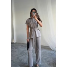 Munnn CollectionÇizgili Polyviskon Bluz - Pantolon Takım - Gri