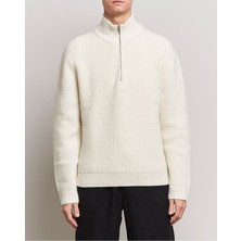 Beyaz Erkek Oversize Fermuarlı Balıkçı Triko Kazak