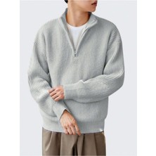 Gri Erkek Oversize Fermuarlı Balıkçı Triko Kazak