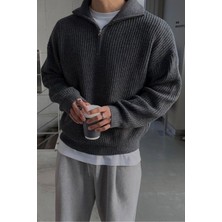 Cool Tarz Füme Erkek Oversize Fermuarlı Yaka Triko Kazak Günlük Kullanım İçin Rahat Tasarım