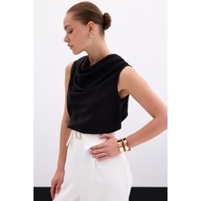 Degaje Yaka Saten Bluz - Siyah