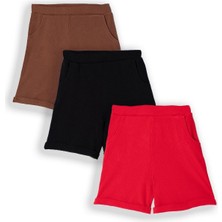 Fitilli Siyah Kırmızı Turuncu Renk 3'lü Set Kız Çocuk Şort