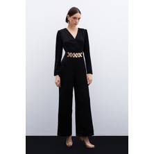 Birleşik Kemerli Saten Tulum - Siyah