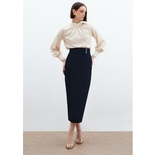 Düğme Detaylı Midi Etek - Lacivert