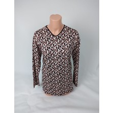 Kadın Siyah Sütlü Kahverengi U Yaka Uzun Kollu Desenli Yırtmaçlı Dokuma Viskon Anne Penye Tişört