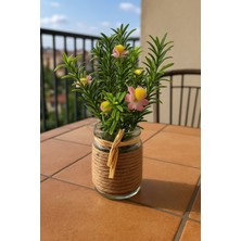 Rustik Cam Kavanozda Pembe Mini Yapay Çiçek Aranjmanı – 6X20 cm Dekoratif Saksı