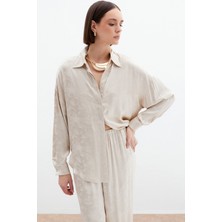 Jakarlı Saten Gömlek - Bej