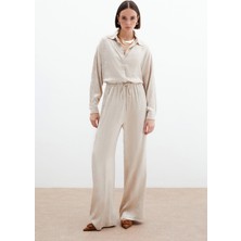 Jakarlı Saten Pantolon - Bej