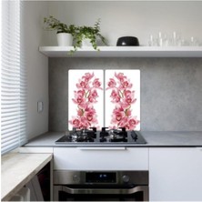 2'li 30X52 cm Cam Ocak Koruyucu 4'lü Ocaklar Için Pembe Orkide