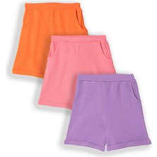 Fitilli Pembe Turuncu Koyu Lila Renk 3'lü Set Kız Çocuk Şort