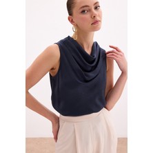 Degaje Yaka Saten Bluz - Lacivert