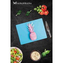 30X40 cm Cam Kesme Tahtası Mavi Ananas Desenli