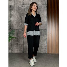 Munn Collection Kadın Modal Kumaş Çizgili Gömlek Yaka Ikili Takım