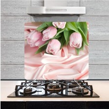 Dekoratif Cam Ocak Arkası Koruyucu ve Kesme Tahtası Pembe Güller (50CM x 56CM) Tek Parça