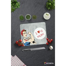 Süper Anne | Gri Temalı | Cam Kesme Tahtası | 29CM x 34CM