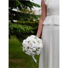 Gelin Buketi Gelin Çiçeği Nikah Çiçeği Kırık Beyaz Yapay Şakayık Gül Okaliptus Yaka Çiçeği Hediye