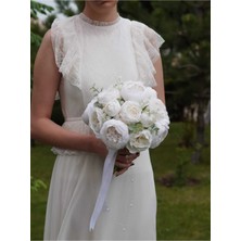 Gelin Buketi Gelin Çiçeği Nikah Çiçeği Kırık Beyaz Yapay Şakayık Gül Okaliptus Yaka Çiçeği Hediye