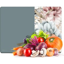 Cam Kesme Tahtası ve Sunumluk ve Sunum Tabağı Vintage Gri Renkli Çiçek 30X40 cm