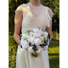Gelin Buketi Nişan Çiçeği Nikah El Çiçeği Beyaz Yapay Karışık Çiçekler Okaliptus Yaka Çiçeği Hediye