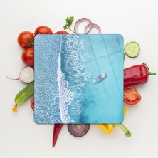 Cam Kesme Tahtası Kare Turkuaz Deniz Desenli