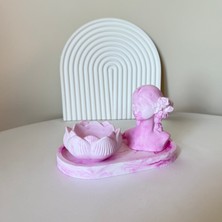 Pembe Mermer Desenli Dekoratif 3'lü Set - Takı Tabağı, Lotus Mumluk ve Büst Heykel
