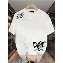 Baskılı Oversize Bisiklet Yaka T-Shirt - Beyaz