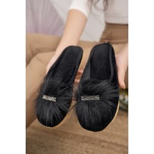 Siyah Kadın Tüylü Ev Terliği Kışlık Kapalı Yumuşak Rahat Taşlı Terlik Doğum Çeyiz Misafir Terliği