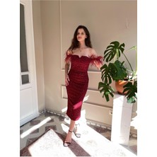 Otrişli Düşük Kol Boncuk Işlemeli Midi  Abiye Elbise