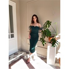 Otrişli Düşük Kol Boncuk Işlemeli Midi  Abiye Elbise