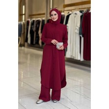 Düğmeli Cepli Tunik ve Pantolon Ikili Takım 8682 Bordo