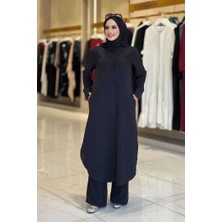 Bym Fashion Düğmeli Cepli Tunik ve Pantolon İkili 8682 Siyah Kadın Takım Linda Kumaş ile Şık Tasarım