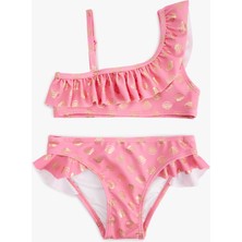 Koton Fırfırlı Parlak Baskılı Tek Omuz Ince Askılı Bikini Takımı